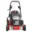 Front profile of the Cobra MX484SPCE 48cm lawnmower showing the robust front wheels and OHV engine