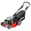 Rear-angled view of the Cobra MX484SPCE self-propelled petrol lawnmower showing the handles and grass collection bag