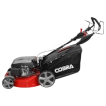 Left-facing side profile of the Cobra MX484SPCE lawnmower highlighting its compact folding design