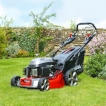 The Cobra MX484SPCE self-propelled lawnmower parked on a beautifully maintained green lawn