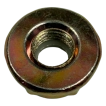 Elevated and angled view focusing on the reverse side of the left-hand thread brushcutter nut, showing the flange depth and heavy-duty steel construction.