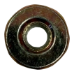 Direct birds-eye view of a replacement left-hand thread brushcutter blade nut, showing the clean internal reverse threads and hexagonal outer profile.