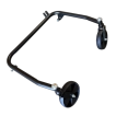 A side profile view of the black tubular front wheel assembly for the Titan Pro TP690 flail mower, highlighting the specific upright central mounting brackets used to attach the assembly to the machine chassis.