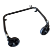 An inverted view of the heavy-duty TP690 flail mower front wheel assembly displaying the underside of the black powder-coated tubular steel frame and the caster forks holding the solid black wheels.