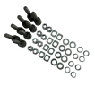All components of the 8-pack stump grinder cutting teeth overhaul kit laid out separately, showing eight bare tungsten cutter bits alongside their respective square gaskets, flat washers, spring washers, and lock nuts.