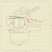 A technical line-art drawing on a graph paper background, showing the throttle linkage side of the same single-barrel carburetor assembly, also annotated with numerical measurements and dimension lines.
