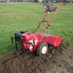 Titan Pro TP700 tiller rear tines in action, cultivating compacted soil for planting